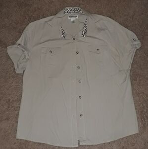 Magellan Sportswear (Size M) Animal Print Trim Button Down Shirt